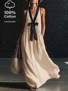 SHEIN Holidaya Đầm nghỉ mát mùa hè 100% cotton kiểu Bohemian, đầm cổ chữ V thiết kế nơ phối màu tương phản thời trang kiểu khu nghỉ dưỡng đảo, chất liệu mềm mại thoải mái, trang phục đi biển cho nữ/đầm hè cho nữ/thích hợp cho mặc hàng ngày, đi nghỉ mát. - Màu Khaki - Xem 2