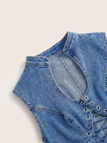 SHEIN ICON 女士性感破洞牛仔系带露脐上衣 - 中等水洗藍 - 查看 3