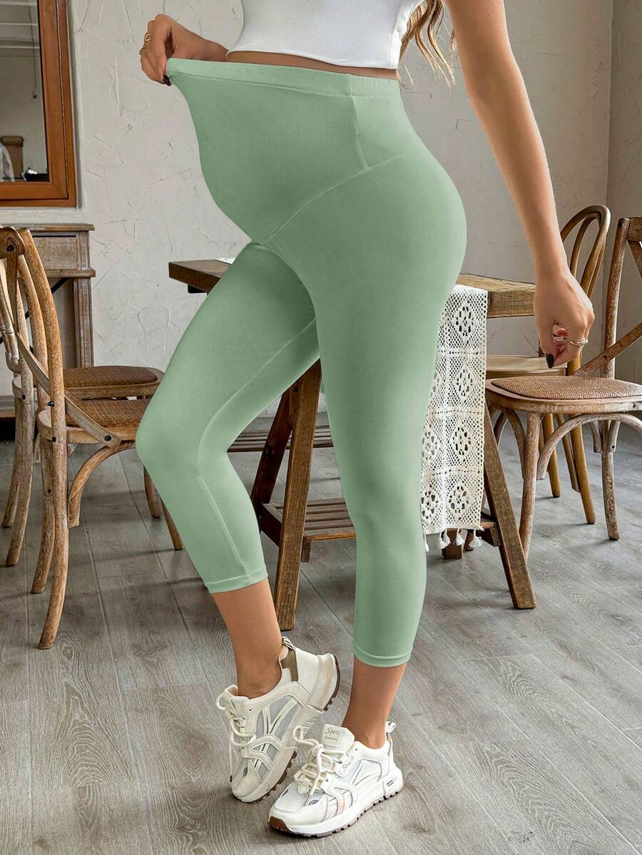 SHEIN 孕妇紧身裤,哺乳妈妈紧身裤,高弹不透明瑜伽运动托腹裤,适合春季、夏季及所有季节 - 0.霧綠 - 查看 1
