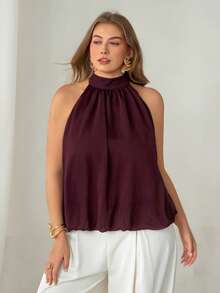 Auralis Regata Feminina Chiffon Plissada em Linha A com Alças Finas em Estilo Boêmio Minimalista Sexy na Cor Ameixa/Regata Chiffon Fluida com Alças Finas para Praia e Férias em Tamanho Plus/Top Chiffon Fluida de Duas Camadas para Praia e Férias em Tamanho Plus, Adequada para Baile, Casamento, Dia dos Namorados, Festa, Sexy, Trabalho, Elegante Romântica, Festa de Aniversário, Festival de Música - Roxo - Visão 6