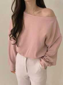 DAZY Ladies' Plain Asymmetrical Shoulder T-Shirt Long Sleeve Women Tops Off Shoulder Top - Pink - View 7