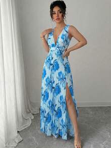 Vestido elegante y sofisticado con estampado floral, corte evasé, abertura y cintura anudada sin mangas, adecuado para vacaciones - Morado - Ver 11