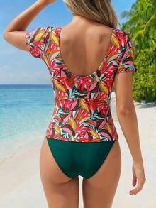 Swim Lushoire Women's Mature Tropical And Conservative Beach Vacation Floral Print V-Neck Short-Sleeved Ruffled Hem Tankini Swimsuit Set White Sea Green Summer - Multicolor - View 2