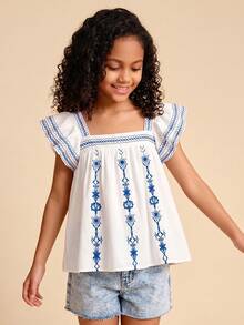 Travachic KIDS Camisa Casual De Vacaciones Para Niñas Tween Tejida De Color Sólido Con Cuello Cuadrado Floral Y Strap De Volantes - Blanco - Ver 6