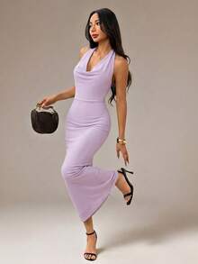 SHEIN PETITE Đầm dài nữ màu trơn, chất liệu lưới, cổ xếp ly, kiểu dáng thanh lịch, thích hợp cho kỳ nghỉ thu/đông. - Màu tím hoa cà - Xem 1