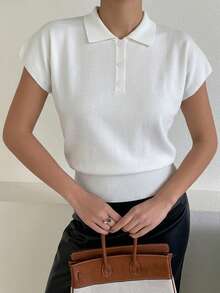 DAZY Solid Color Off-Shoulder Short Sleeve Fitted Knit Top For Women - White - View 4