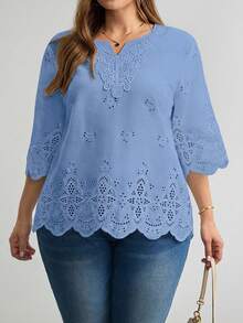 SHEIN LUNE 大码夏季休闲纯色镂空刺绣衬衫 - 淺藍色 - 查看 7
