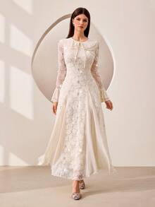 Graceveil Apricot Mesh Patchwork Beaded Embroidered Ruffle Hem Elegant Evening Dress For Women - Apricot - View 5