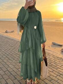 Solavon New Arrival Ruffle Multi-Layer Flared Waist Tie Dress, Flowy Vacation Beach Dress - Army Green - View 3