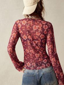 Bohemela Vacation Print V-Neck Raglan Sleeve Allover Print Fashionable Women Top,Summer Top - Purple - View 2
