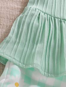 SHEIN 2件組女嬰幼童新生兒0-3歲紅白格紋夏季可愛度假薄荷綠格紋短褲 & 蝴蝶結吊帶背心上衣套裝舒適夏季穿搭 - 薄荷綠 - 查看 5
