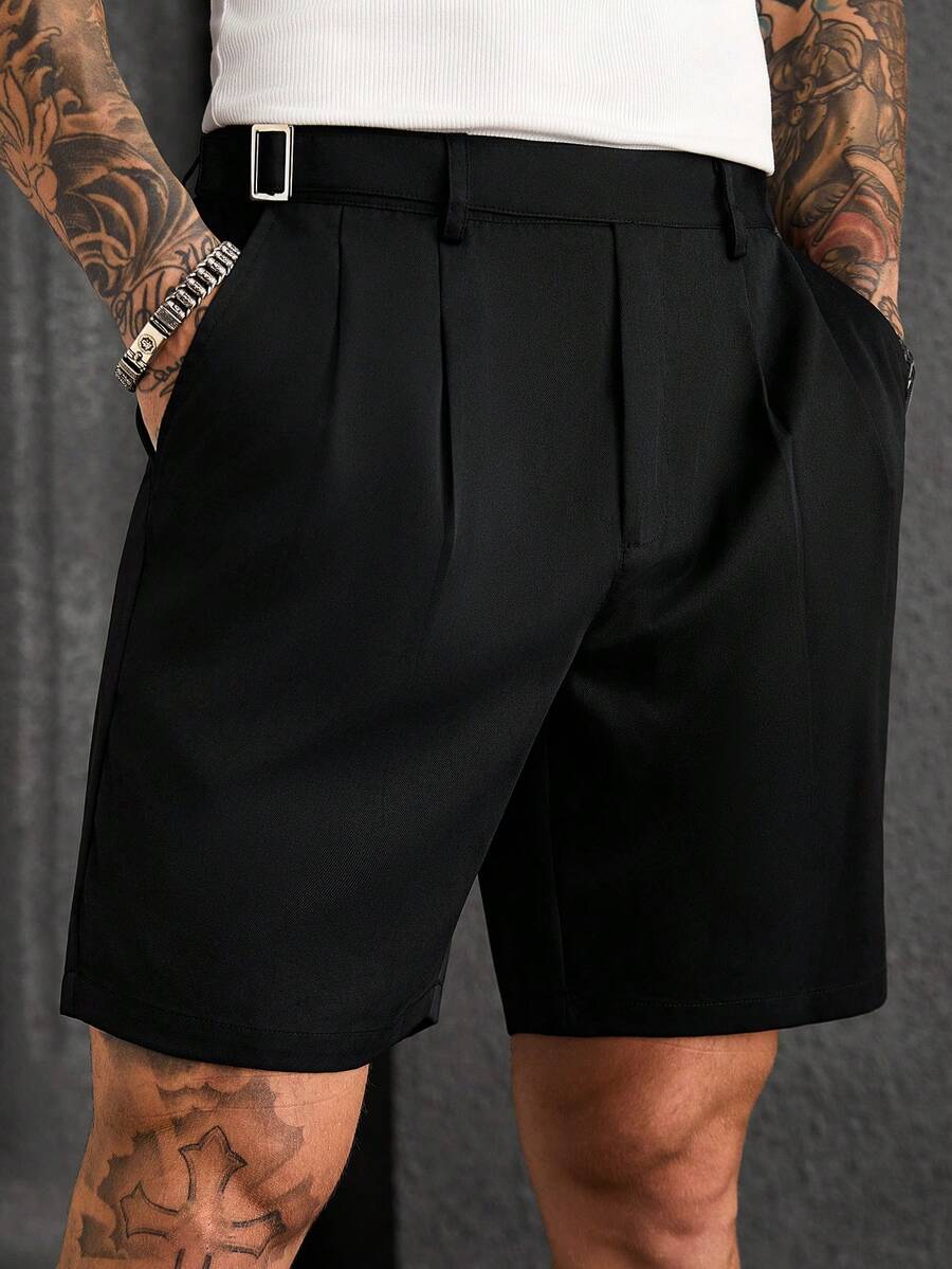 Manfinity CasualCool Men's Black Woven Twill Business Casual Smart Shorts,Summer Holiday City Break Old Money Daily Leisure,Outdoor Office Relaxed Work Semi-Formal Gift - Black - View 1