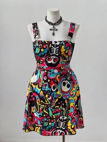 Sunspun Vestido con tirantes con estampado de calavera, adecuado para primavera y verano, talla grande - Multicolor - Ver 6