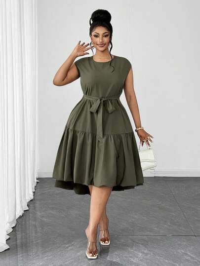 Maweii Plus Size Women's Summer Green Round Neck Belted Asymmetric Peplum Dress, Women's Summer Military Green Dress, Summer Holiday Outfit, Elegant Graduation Dress, Versatile, Casual, Commute, Office, Daily Wear, Charming, Professional Teacher Uniform, Sexy Date Outfit, Holiday Dress, Sexy Women's Clothing, Party Dress