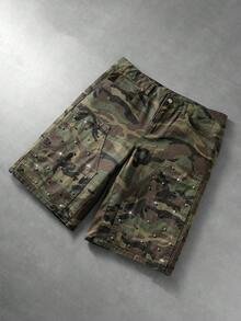 ROMWE MEN Washed Loose Casual Beaded Camo Shorts For Men - Army Green - View 6