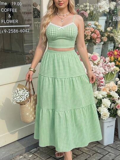 SHEIN MOD Plus Size Women's Green Plaid Lace Trim Camisole + Mid-Length Skirt 2 Piece Set, Suitable For Daily Wear, Countryside, Vacation