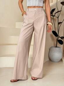 PETITE Pantalones rectos de cintura baja de 100% algodón lavado, pantalones de lino para mujer, pantalones de verano, pantalones anchos de mujer, pantalones de verano, otoño y ropa de otoño para mujer - Caqui - Ver 6