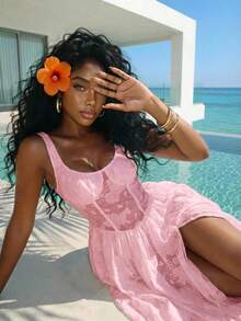 Slaydiva Vestido de resort con estampado floral blanco para mujer, adecuado para festivales de música, Día de San Valentín, Pascua, temporada de bodas, temporada festiva, uso casual y elegante para ir y venir, uso diario, atuendos de trabajo, vacaciones, fiestas, cruceros, básicos de fiesta, estilos y citas diarias. - Rosa - Ver 2