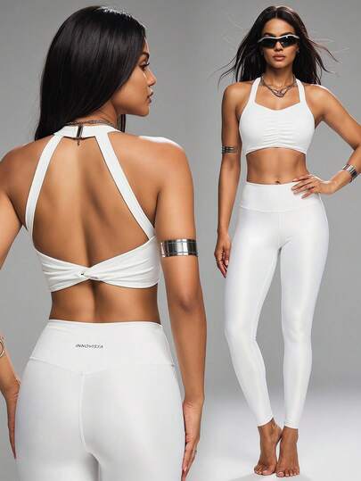 Innovista Women's Solid Color Backless Halter Sports Bra White Twist Bra Women Yoga Sports Bra, Ruched Front, Twist-Back Beauty Back, Removable Pads, Detachable Hook Straps, Soft Stretch White Fabric, Medium Support For Gym Yoga Pilates. ES/MX Top Deportivo Blanco, BR Top Fitness. Gymtok Clean Fit Summer