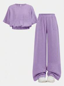 Firerie Kids Setelan 2 Potong untuk Liburan Kasual dan Modis Anak Perempuan Remaja: Atasan Lengan Pendek Longgar Leher Bulat Warna Polos + Celana Panjang - Mauve Purple - View 7