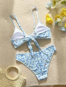 Swim Mod 女款泳衣套裝，隨機碎花，可調節肩帶，比基尼兩件式，蝴蝶結裝飾，高腰，海灘與度假休閒泳衣 - 藍白色 - 查看 4