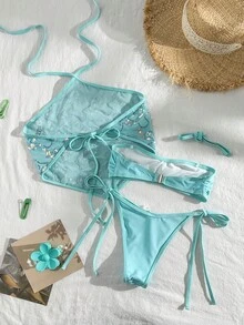 Costavie Bộ 3 món đồ bơi nữ gợi cảm đi biển xuân hè, áo crop top hai dây vải sequin vân nổi, áo bra và quần bikini buộc dây bên hông - Màu xanh bạc hà - Xem 2