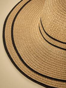 Travachic 1 Straw Hat + 1 Straw Bag, Vacation Casual - Khaki Wide Stripe - View 7