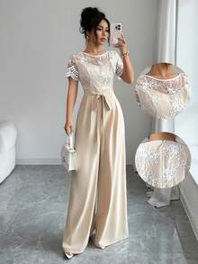 Selianne Quần ống rộng dáng ôm, tay ngắn, phối ren, cạp chun, dành cho nữ. - Màu be - Xem 1