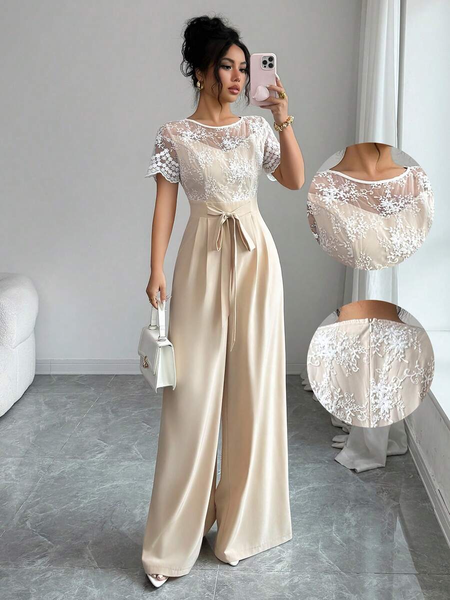 Selianne Quần ống rộng dáng ôm, tay ngắn, phối ren, cạp chun, dành cho nữ. - Màu be - Xem 1