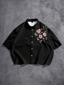 Manfinity ZONE917 Boxy Cropped Loose Faux Embroidered Pink Sakura Floral Print Short Sleeve Shirt, Suitable For Spring & Summer, Great Gift For Friends - Black - View 6