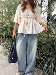 FRIFUL 女款蕾絲透視綁帶時尚法式風格夏季洋裝 - 杏色 - 查看 2
