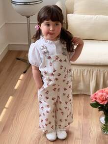 Dazy Kids Infant/Toddler Girls' All-Over Floral Print Casual Korean Style Versatile Denim Jumpsuit, Suitable For All Seasons - White - View 3