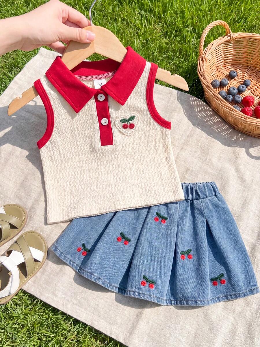 Vintaside Kids 女嬰夏季可愛野餐象牙色無袖針織 Polo 上衣與淺藍色牛仔裙套裝,藍白花朵刺繡,甜美女嬰套裝 - 紅色 - 查看 1