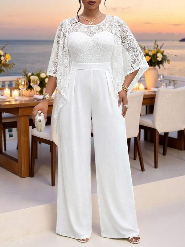 Fleurora Spring And Summer Elegant Party Wedding Cocktail Party Concert/Music Festival White Knitted  Scoop Neck Flounce Sleeve Contrast Lace Plus Size Jumpsuits Plus Size Women's Sweet Lace Patchwork Loose Jumpsuit Festival Outfits For Women Festival Outfits Going Out Outfits Birthday Outfits For Women