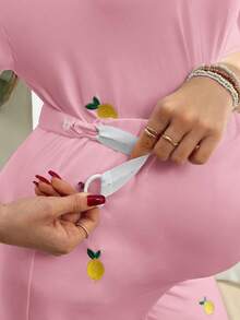 GentleRue Maternity Maternity Casual Cute Lemon Embroidery T-Shirt And Pants 2 Pieces Set Everyday Maternity Pink Summer - Pink - View 5