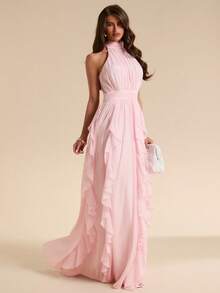 SHEIN BAE Solid Soft Pink Ruched Hem Maxi Chiffon Dress, Elegant Romantic Long For Women, Spring/Summer Mother Of The Bride Dinner - Pink - View 7