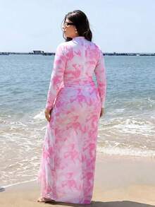 Swim Shayni 大尺碼女款花卉印花荷葉邊長袖連身泳衣與裙子比基尼套裝，適合海邊度假、泳池派對、海灘派對 - 彩色 - 查看 2