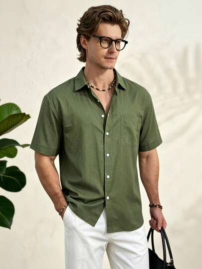 Airaco Men's Casual Summer Vacation & Commute Solid Color Short Sleeve Shirt