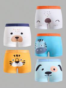 SHEIN 5pcs/Pack Boys' Minimalist Contrast Color Elastic Waist Cute Cartoon Dinosaur & Letter Print Solid Color Casual Boxer Briefs - Multicolor - View 4