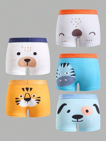 SHEIN 5pcs/Pack Boys' Minimalist Contrast Color Elastic Waist Cute Cartoon Dinosaur & Letter Print Solid Color Casual Boxer Briefs