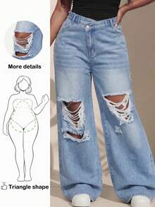 Truni Awkwardfatgirl Plus Size Blue Ripped Jeans Casual Outfit Straight Wide Leg Pants Comfortable Summer Jeans, For Pear Triangle Body Shape - Light Wash - View 1