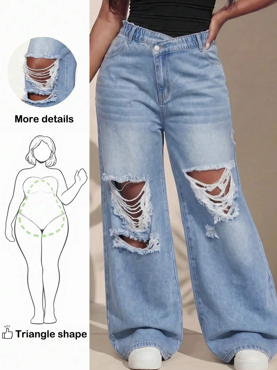 Truni Awkwardfatgirl Plus Size Blue Ripped Jeans Casual Outfit Straight Wide Leg Pants Comfortable Summer Jeans, For Pear Triangle Body Shape - Light Wash - View 1