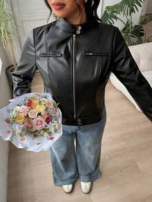 SHEIN EZwear 大码女式纯色拉链时尚百搭日常长袖外套 - 黑色 - 查看 8