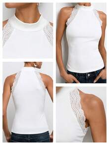Maija Áo tank top không tay cổ cao màu trắng ngà dành cho nữ, phối ren, ôm sát, chất liệu gân, phong cách đô thị tối giản, đa năng. - trắng - Xem 4