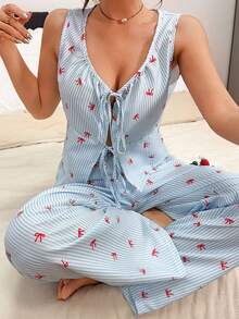 Napfluff Bộ đồ ngủ nữ thời trang và thoải mái với áo hai dây in nơ kẻ sọc và quần dài vải nhăn. - Màu xanh lam - Xem 6