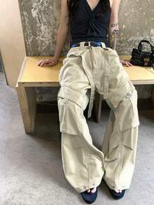 DAZY Atasan Wanita Modis Berwarna Polos Kasual Longgar dengan Celana Jeans Lebar dan Potongan Lebar - Khaki - View 4