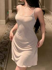 DAZY 女士纯色简约性感睡裙 - 杏色 - 查看 6