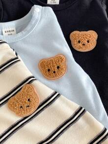 SHEIN Playful Pals 6pcs Newborn Solid Color & Striped Knit Soft Fabric Jumpsuit With 3D Bear Decor, Long Sleeve Round Neck T-Shirt And Elastic Waist Pants Set, Casual Comfortable Nature Style Vintage Cute Outfit, Suitable For Baby Boys And Girls, Fit For Indoor And Outdoor Activities - Multicolor - View 9