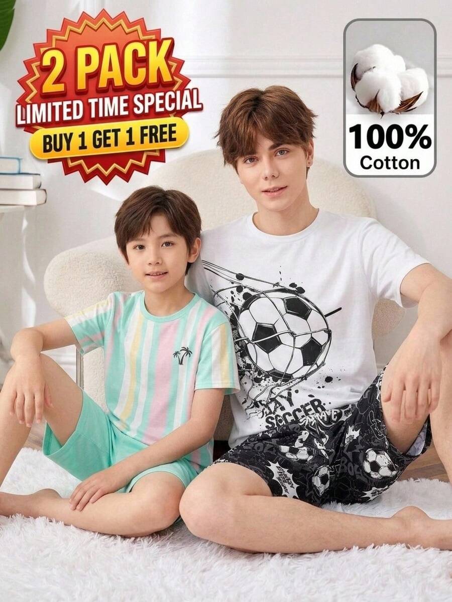 SHEIN 男童极简足球图案圆领短袖短裤宽松休闲睡衣套装,2件套 - 白色 - 查看 1