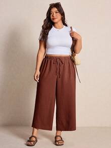 Elaquor Plus Size Solid Color Minimalist Casual Pants - Rust Brown - View 5